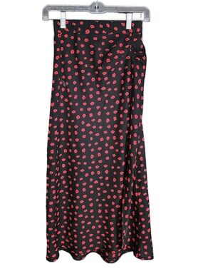 Princess Polly Black Red Floral Midi Skirt Side Slit Satin Y2K Womens US 2